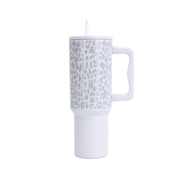 Cană termo Leopard-Print de 40oz, cu mâner și pai, interior din oțel inoxidabil 304, exterior din oțel inoxidabil 201, capacitate mare pentru călătorii