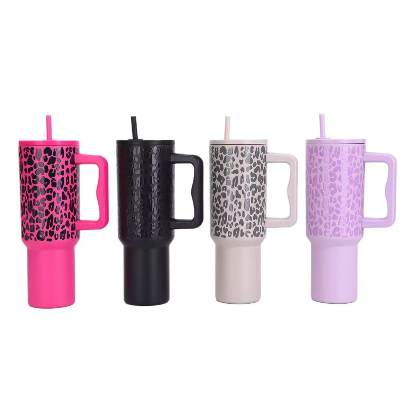 Cană termo Leopard-Print de 40oz, cu mâner și pai, interior din oțel inoxidabil 304, exterior din oțel inoxidabil 201, capacitate mare pentru călătorii