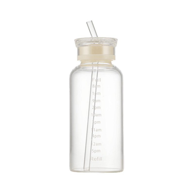 Pahar din sticlă borosilikată înaltă cu scară de timp, transparent, cu pai, pentru hidratare, portabil, pentru apă și cafea, design minimalist