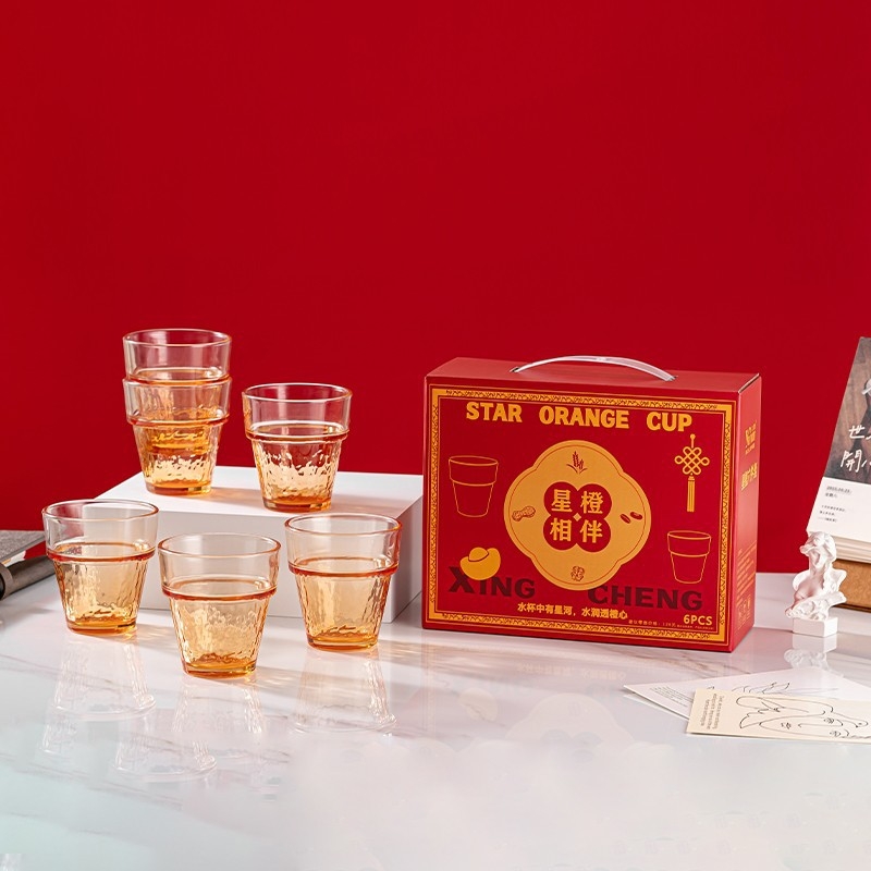 Set de pahare din sticlă portocalii, cu design stivabil — cadou corporativ cu siglă