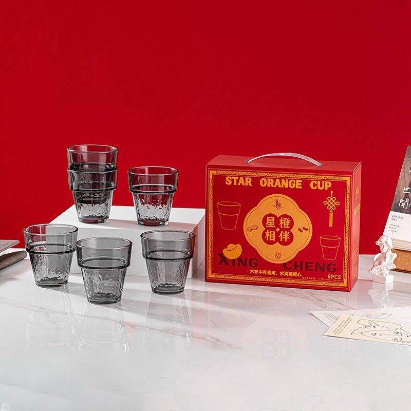 Set de pahare din sticlă portocalii, cu design stivabil — cadou corporativ cu siglă