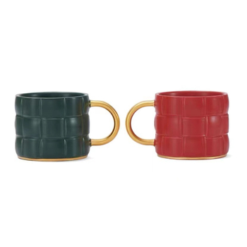 Set de căni de cafea din ceramică, 340 ml, model carouri roșu-verde retro, pentru cuplu, cadou de nuntă
