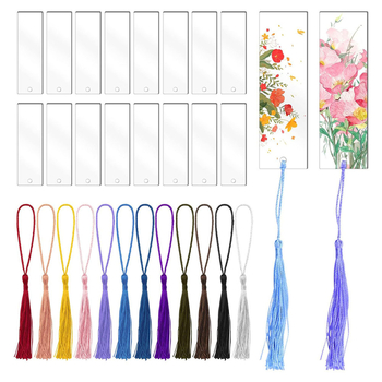 Semn de carte din acrilic transparent, cu ciucuri colorati și pandantiv, DIY, dreptunghiular, papetărie pentru elevi