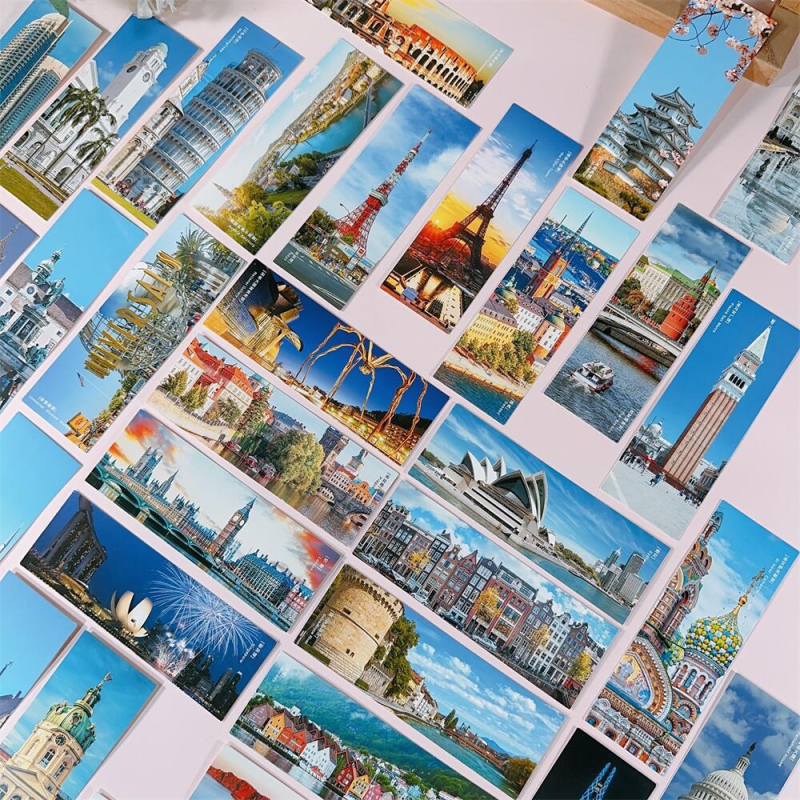 Set de semne de carte pentru călătorii în lume, 32 de carduri cu peisaje: Londra, Sydney, Turnul, Berlin, Turnul Înclinat și Santorini