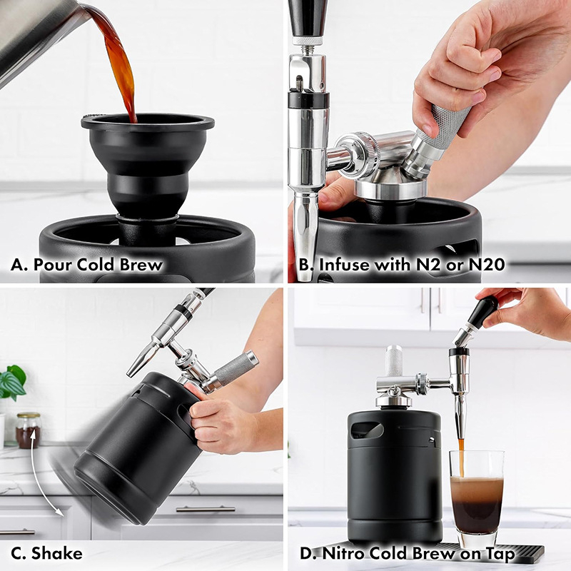 Recipient din oțel inoxidabil 2L pentru cafea cold brew cu azot pur, sticlă nitro pentru cafea, mic cilindru de gaz N2