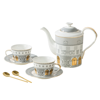 Set ceramic de cafea cu oală de cafea și două căni cu farfurioare, stil lux lejer, model cu dungi