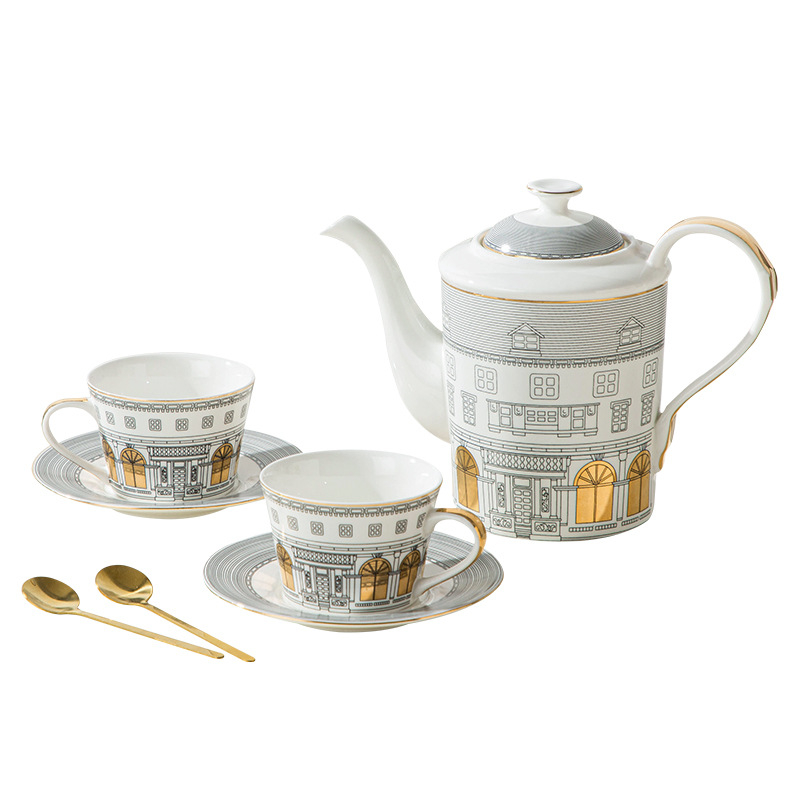 Set ceramic de cafea cu oală de cafea și două căni cu farfurioare, stil lux lejer, model cu dungi