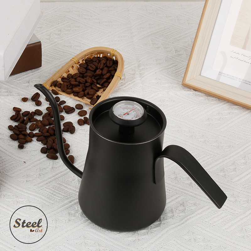 Oală de cafea din oțel inoxidabil pentru pour-over, cu termometru, control al temperaturii, teflon, cioc lung, gură îngustă, 500 ml