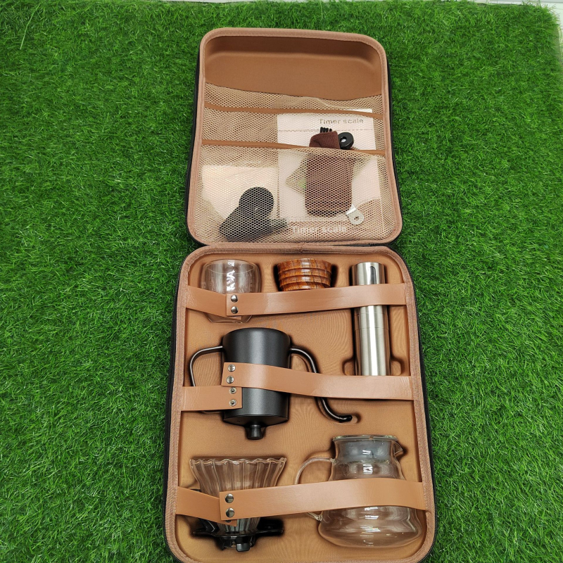 Set personalizat de cafea pentru infuzare manuală, pentru exterior — kit portabil de cafea cu cutie de depozitare, 13 piese