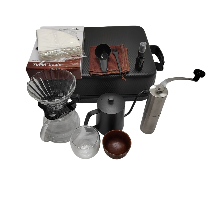 Set personalizat de cafea pentru infuzare manuală, pentru exterior — kit portabil de cafea cu cutie de depozitare, 13 piese