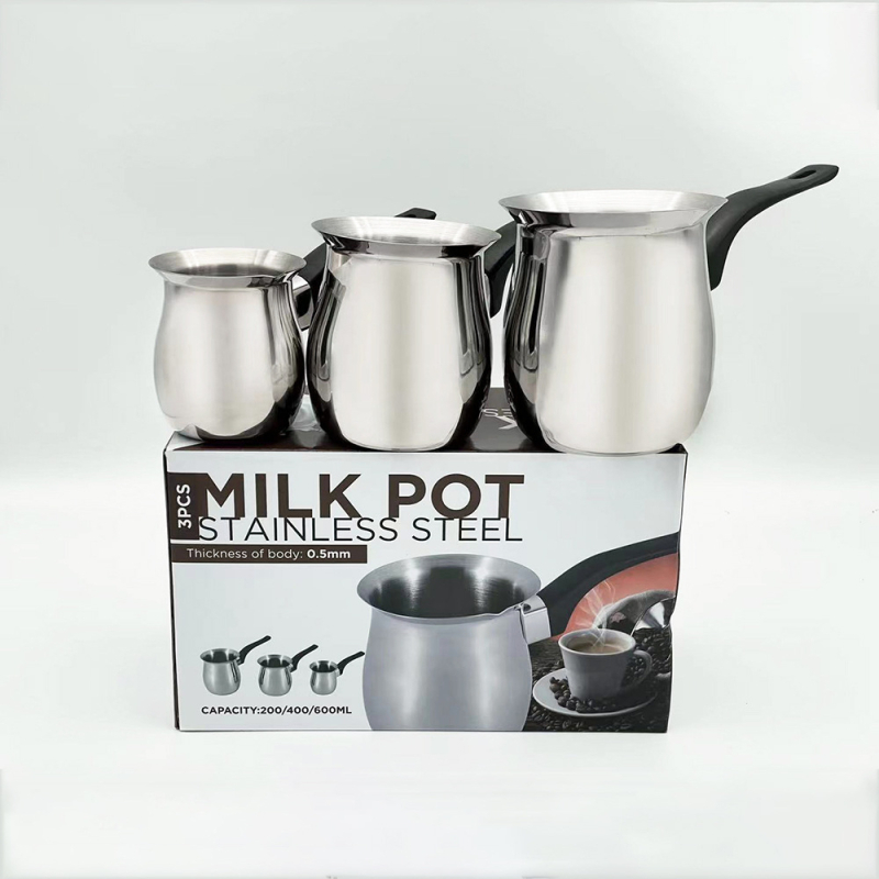 Set cu mâner Bakelite, oală de cafea turcească cu corp tambur din oțel inoxidabil, cu burtă mare și ceașcă elegantă pentru spumarea laptelui