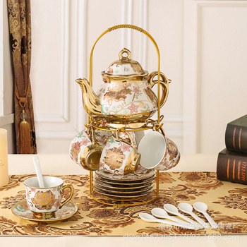 Set ceramic de cafea cu cești și farfurioare, stil european, pentru ceai de după-amiază, finisaj electroplatat, 20 de piese, în cutie cadou cu model floral.