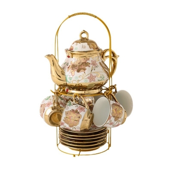 Set ceramic de cafea cu cești și farfurioare, stil european, pentru ceai de după-amiază, finisaj electroplatat, 20 de piese, în cutie cadou cu model floral.