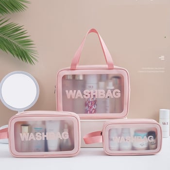 Set transparent din trei piese pentru machiaj și toaletă, capacitate mare, husă din PVC mată pentru cosmetice, pentru femei