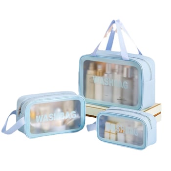 Set transparent din trei piese pentru machiaj și toaletă, capacitate mare, husă din PVC mată pentru cosmetice, pentru femei