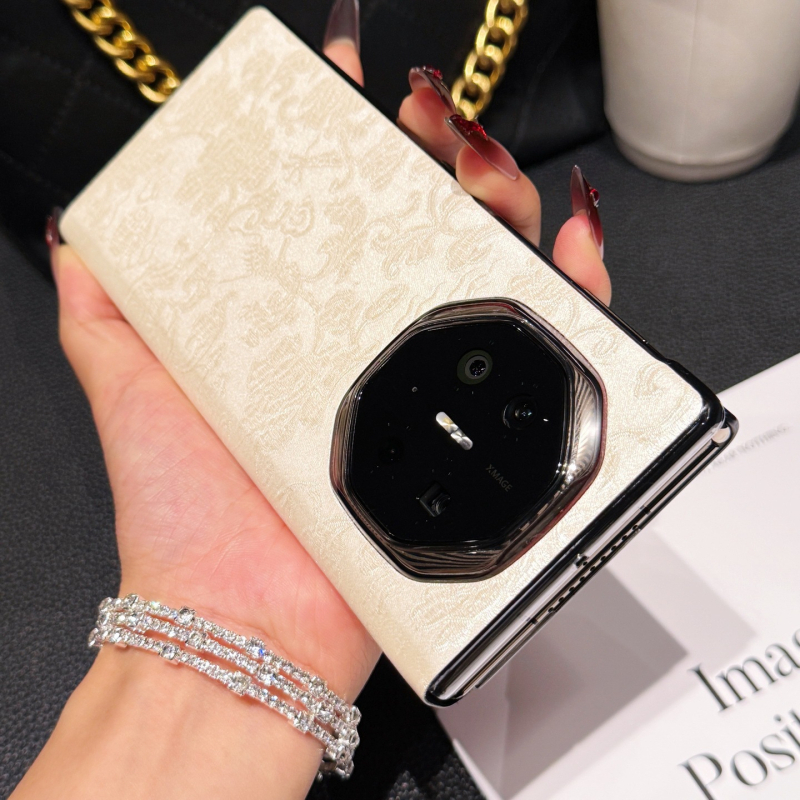 Carcasă din piele naturală, tip flip, pentru Huawei Mate X, jacquard în stil național, fereastră inteligentă