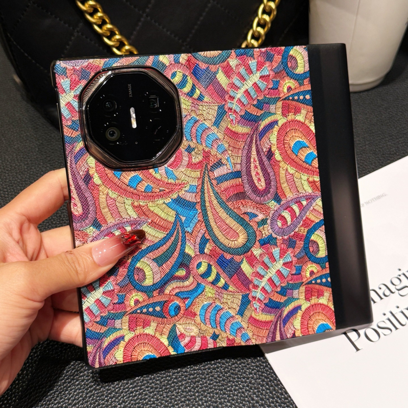 Carcasă din piele naturală, tip flip, pentru Huawei Mate X, jacquard în stil național, fereastră inteligentă