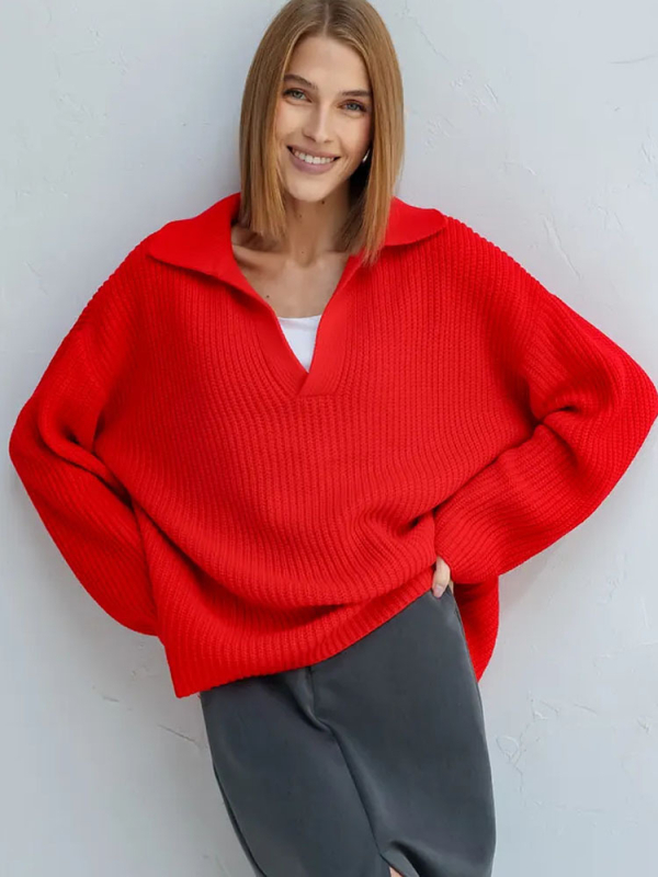 Női oversized kötött polo pulóver, laza szabású és meleg