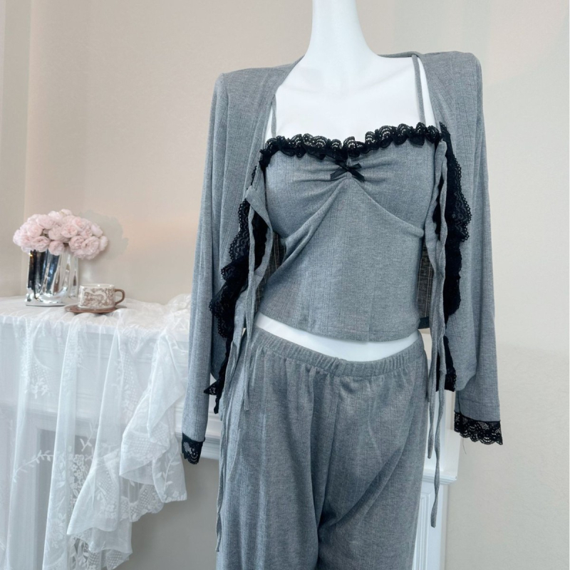 Yase204 Pidžama od tri komada s jastučićima za prsni dio, dugi rukavi, francuski stil