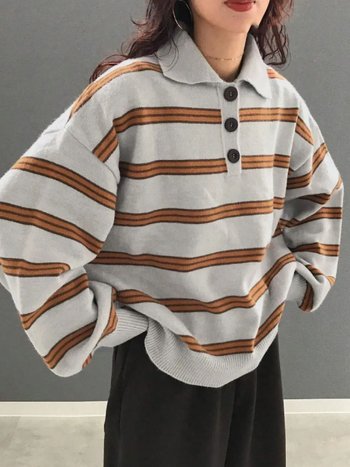 Női oversized csíkos pulóver galléros, lazán szabott, plusz méret