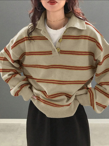 Női oversized csíkos pulóver galléros, lazán szabott, plusz méret