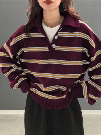 Női oversized csíkos pulóver galléros, lazán szabott, plusz méret