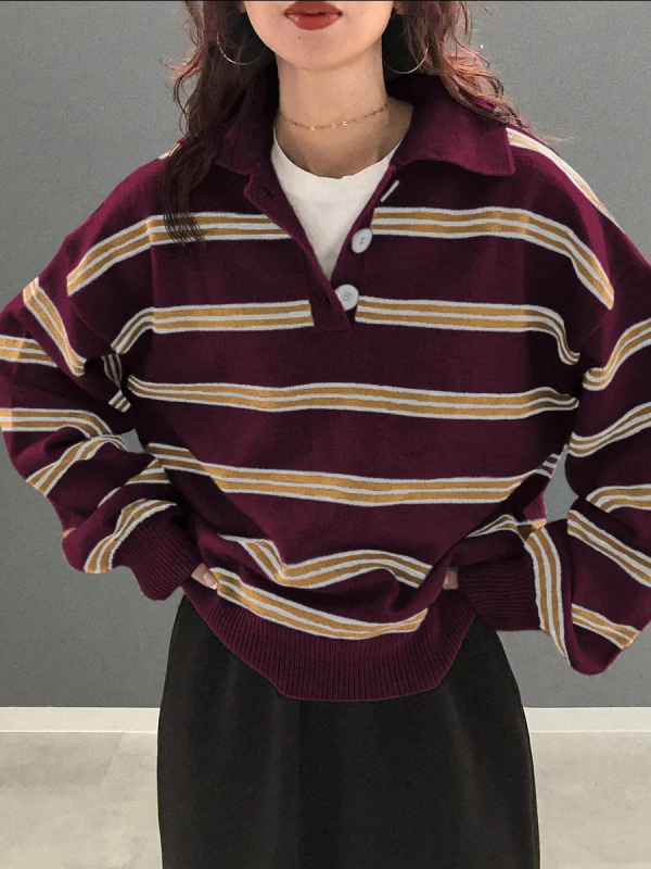 Női oversized csíkos pulóver galléros, lazán szabott, plusz méret
