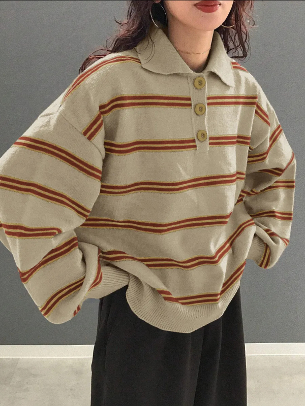 Női oversized csíkos pulóver galléros, lazán szabott, plusz méret