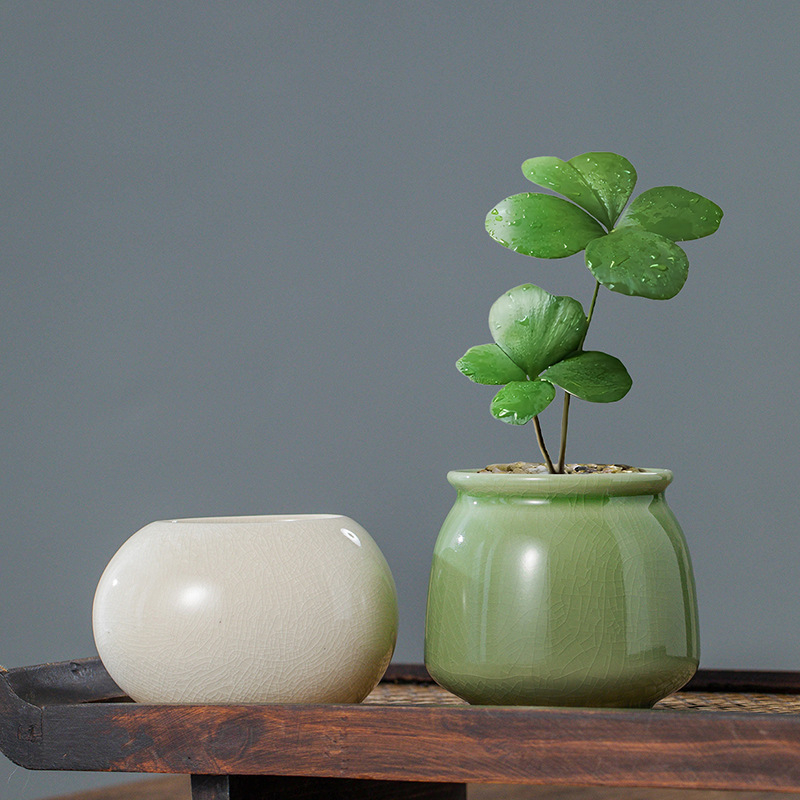 Ghiveci ceramic pentru hidroponie, glazură Crackle glaze, mic recipient de birou pentru plante verzi