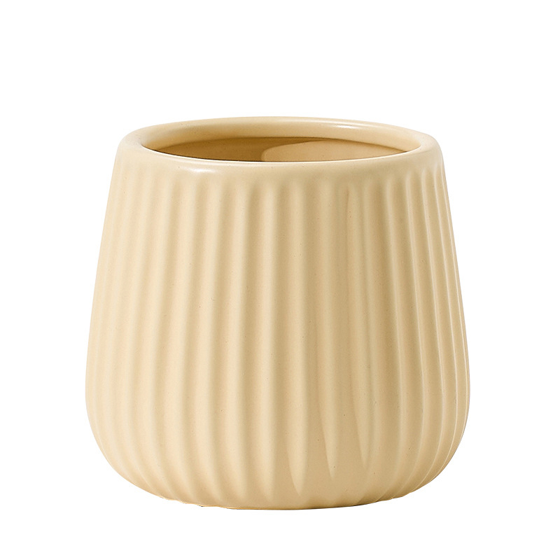 Ghiveci ceramic mediu, cu dungi verticale, fără orificiu de scurgere, glazură interioară și exterioară, stil nordic minimalist, potrivit pentru flori artificiale și plante hidroponice.