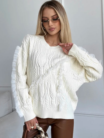 Női oversized kapucnis kötött pulóver, laza szabás, kerek nyakú