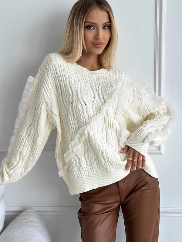 Női oversized kapucnis kötött pulóver, laza szabás, kerek nyakú
