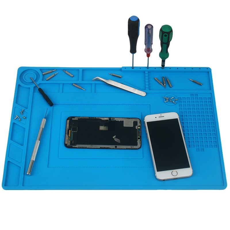 S-150 Силиконова изолационна подложка за ремонт на електроника с магнитно вградено отделение за части, антистатична и устойчива на високи температури, синя
