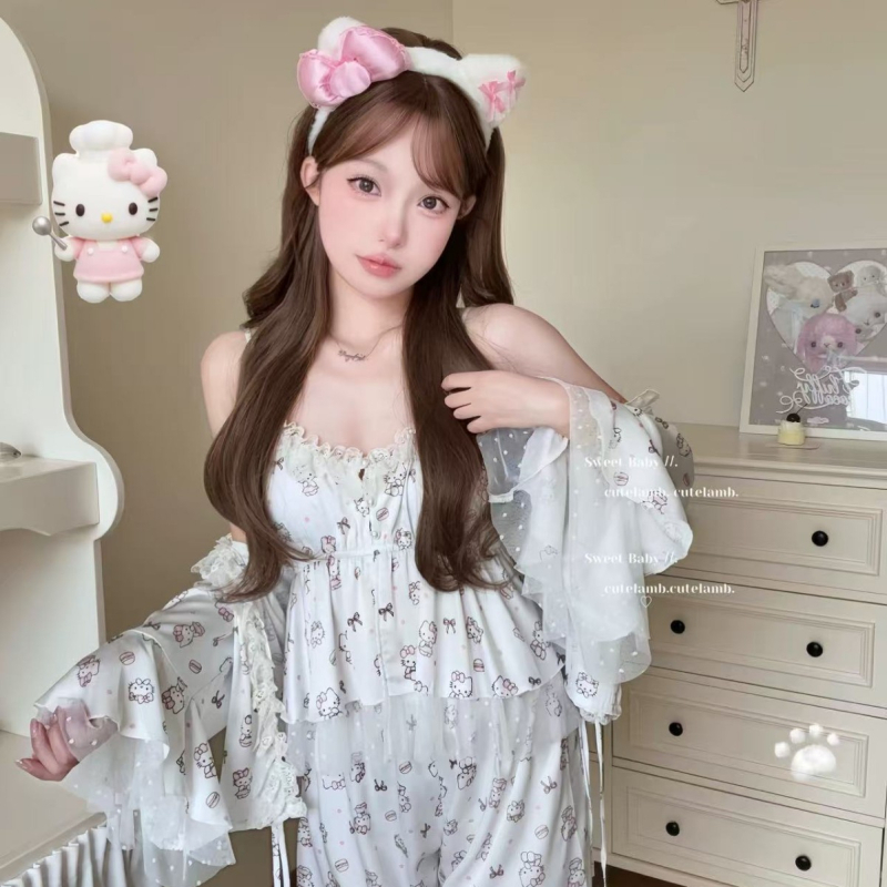 Ženski set pidžama od ice silk – kućna udobnost, proljeće-jesen, slatka crtani print, camisole s ugrađenim jastučićima za poprsje