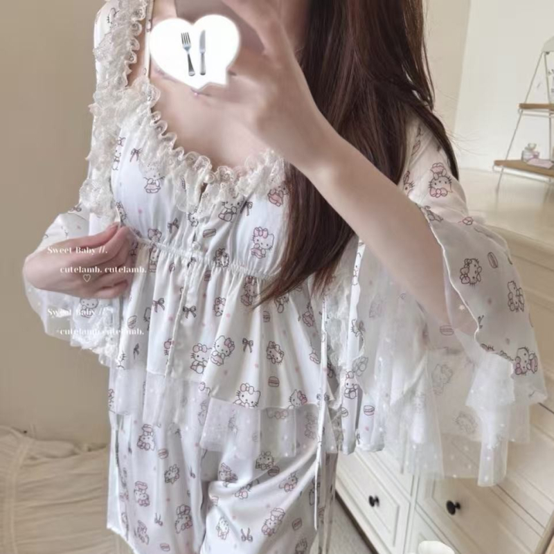 Ženski set pidžama od ice silk – kućna udobnost, proljeće-jesen, slatka crtani print, camisole s ugrađenim jastučićima za poprsje
