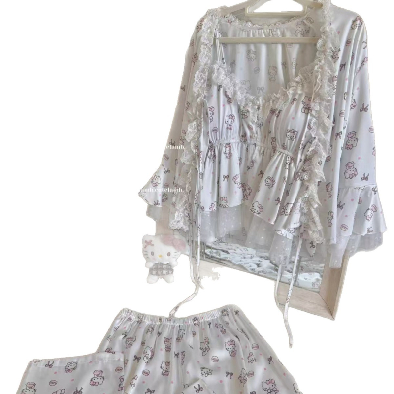 Ženski set pidžama od ice silk – kućna udobnost, proljeće-jesen, slatka crtani print, camisole s ugrađenim jastučićima za poprsje