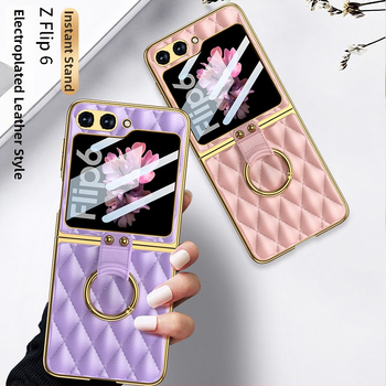 GKK obal s prstenom pre Samsung Z Flip6, Chanel štýl, umeľá koža, elektroplátované, diamantový vzor, skladací ochranný kryt