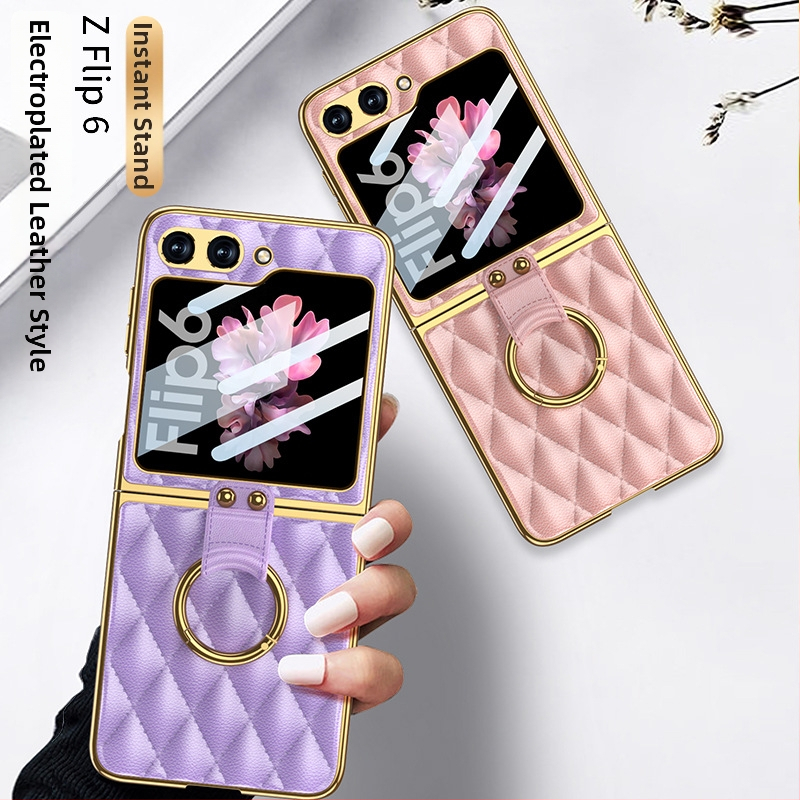 GKK obal s prstenom pre Samsung Z Flip6, Chanel štýl, umeľá koža, elektroplátované, diamantový vzor, skladací ochranný kryt