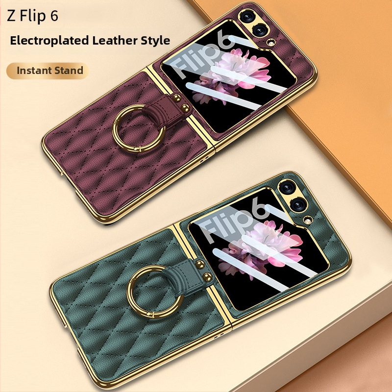 GKK obal s prstenom pre Samsung Z Flip6, Chanel štýl, umeľá koža, elektroplátované, diamantový vzor, skladací ochranný kryt