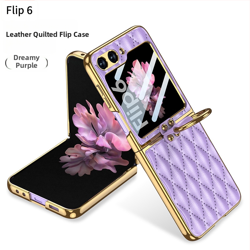 GKK obal s prstenom pre Samsung Z Flip6, Chanel štýl, umeľá koža, elektroplátované, diamantový vzor, skladací ochranný kryt