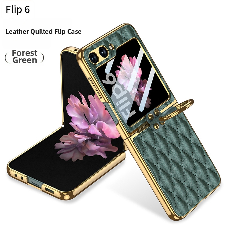 GKK obal s prstenom pre Samsung Z Flip6, Chanel štýl, umeľá koža, elektroplátované, diamantový vzor, skladací ochranný kryt