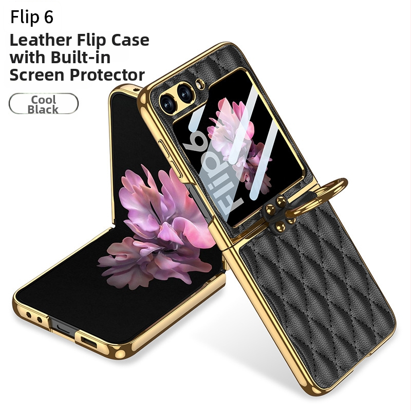 GKK obal s prstenom pre Samsung Z Flip6, Chanel štýl, umeľá koža, elektroplátované, diamantový vzor, skladací ochranný kryt