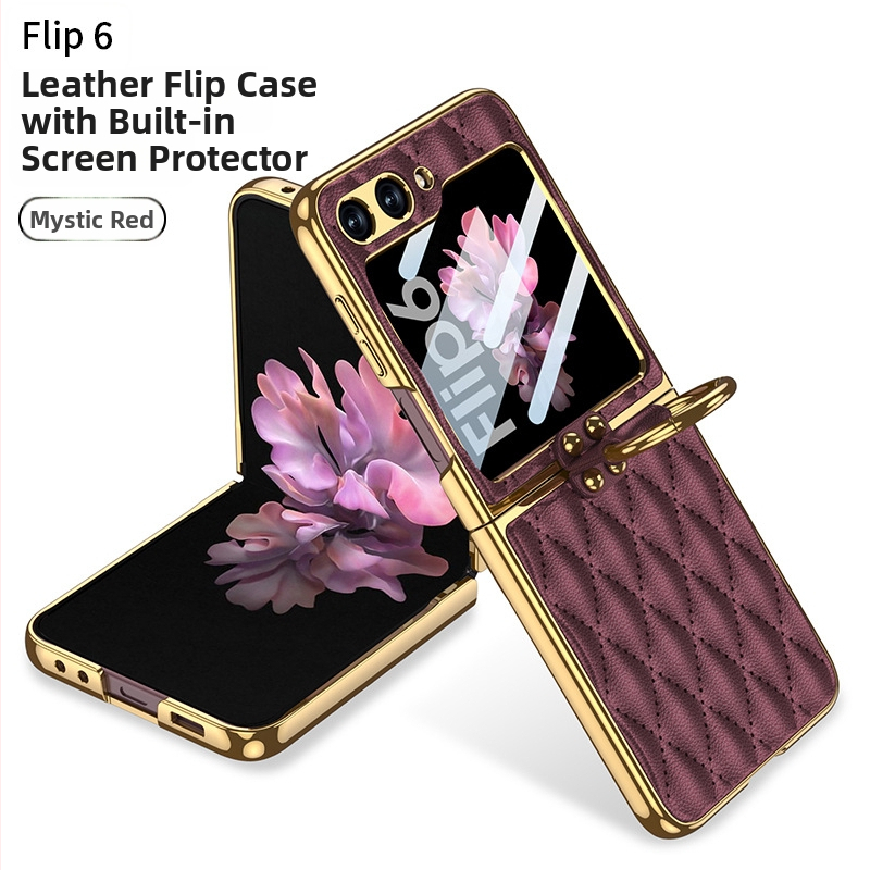 GKK obal s prstenom pre Samsung Z Flip6, Chanel štýl, umeľá koža, elektroplátované, diamantový vzor, skladací ochranný kryt