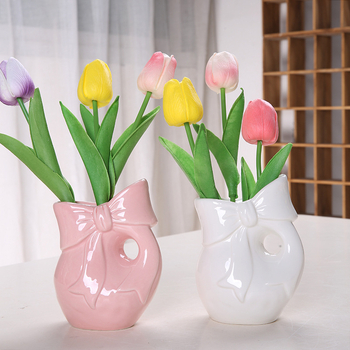 Vază din porțelan cu fundă, ornament ceramic pentru decor interior cu flori uscate