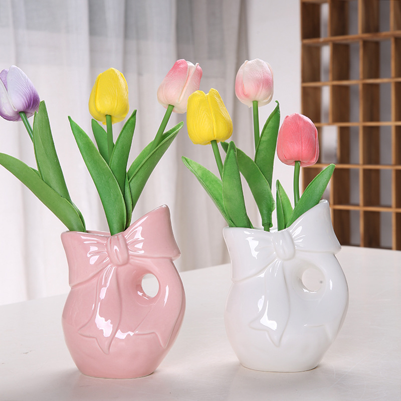 Vază din porțelan cu fundă, ornament ceramic pentru decor interior cu flori uscate