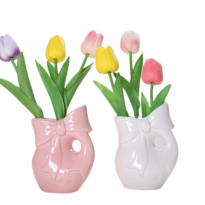 Vază din porțelan cu fundă, ornament ceramic pentru decor interior cu flori uscate
