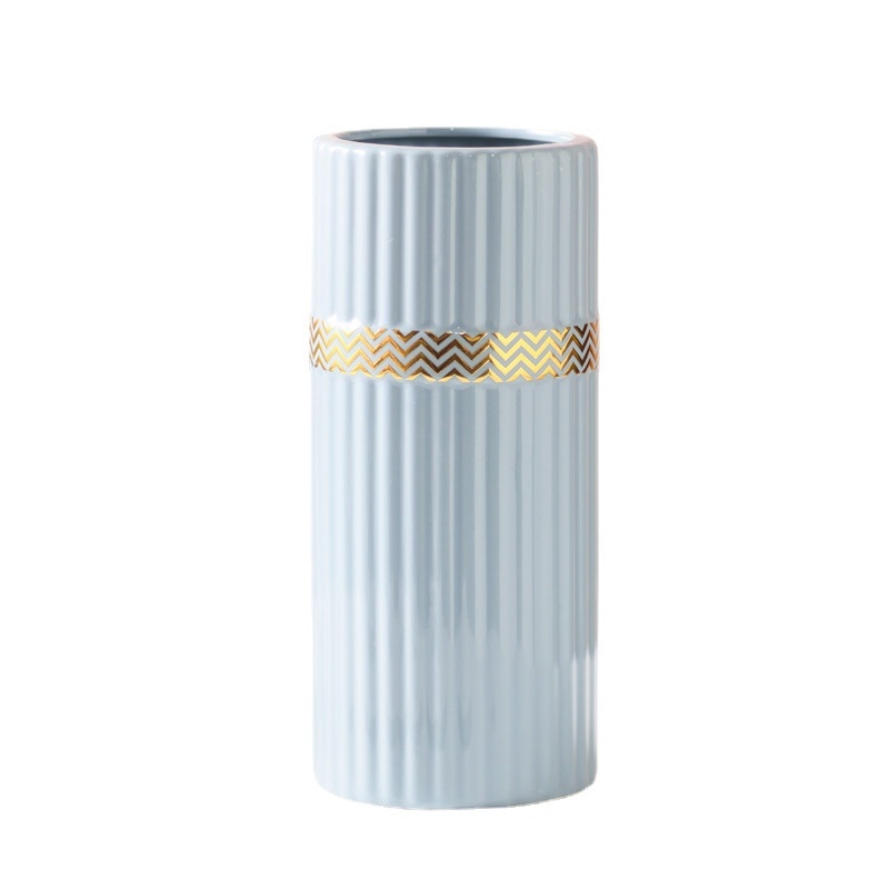 Vază ceramică cu margine aurie și autocolant decorativ pentru living, masă de dining și comodă TV