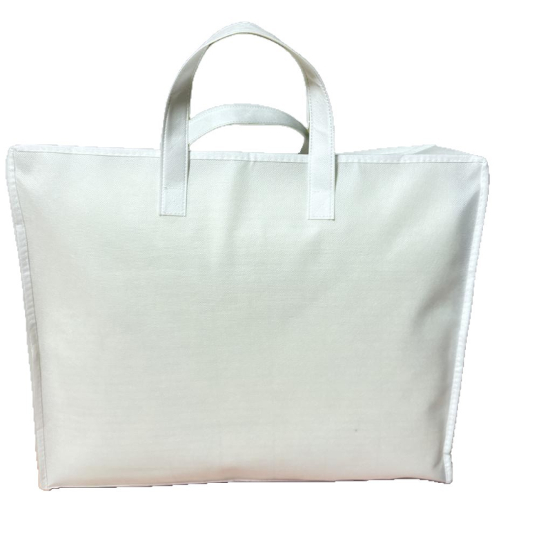 Geantă albă din material nețesut, cu fermoar, pentru ambalarea textilelor de casă și a îmbrăcăminii – imprimare logo disponibil