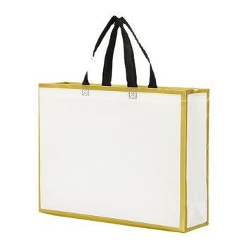 Geantă Tote din material nețesut acoperit cu film, corp alb și margine aurie, imprimare logo prin transfer termic, personalizabilă