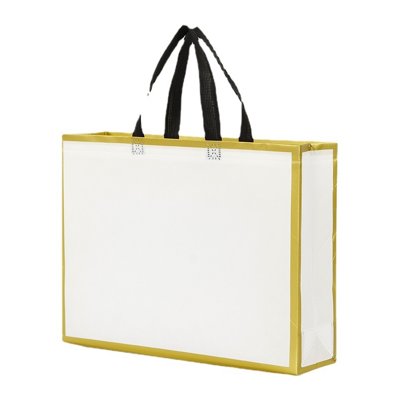 Geantă Tote din material nețesut acoperit cu film, corp alb și margine aurie, imprimare logo prin transfer termic, personalizabilă